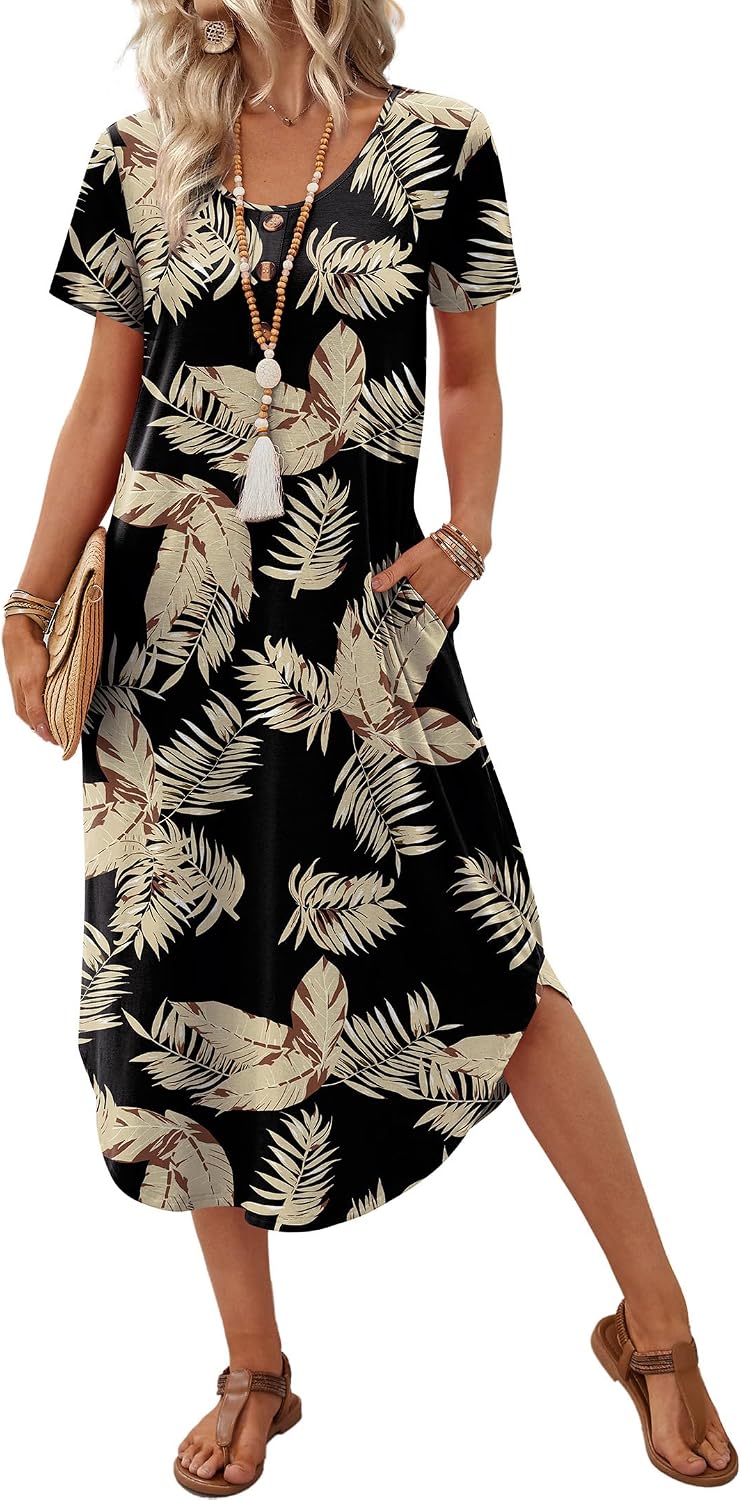 OFEEFAN Summer Dresses for Women 2026 Casual Midi Dresses Beach Vacation Outfits Tshirt Dress with Pockets Resort Wear