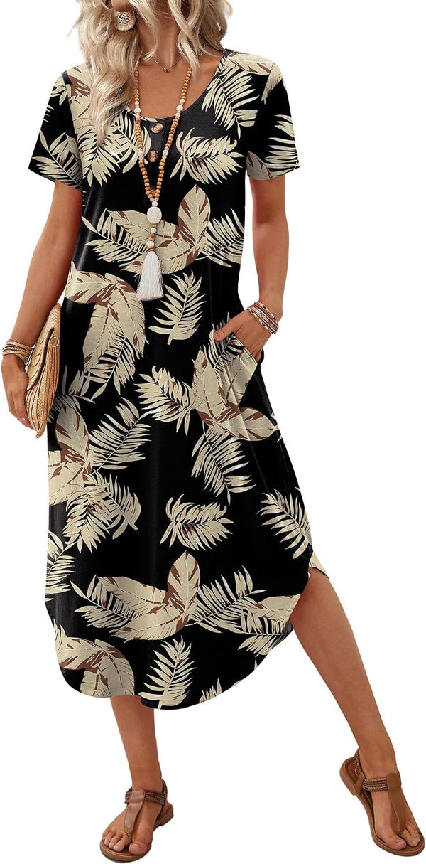 OFEEFAN Summer Dresses for Women 2026 Casual Midi Dresses Beach Vacation Outfits Tshirt Dress with Pockets Resort Wear