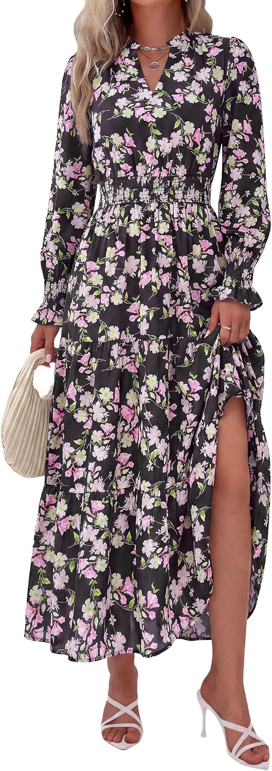 PRETTYGARDEN Women's Floral Maxi Dress Fall A Line Wedding Guest Dresses