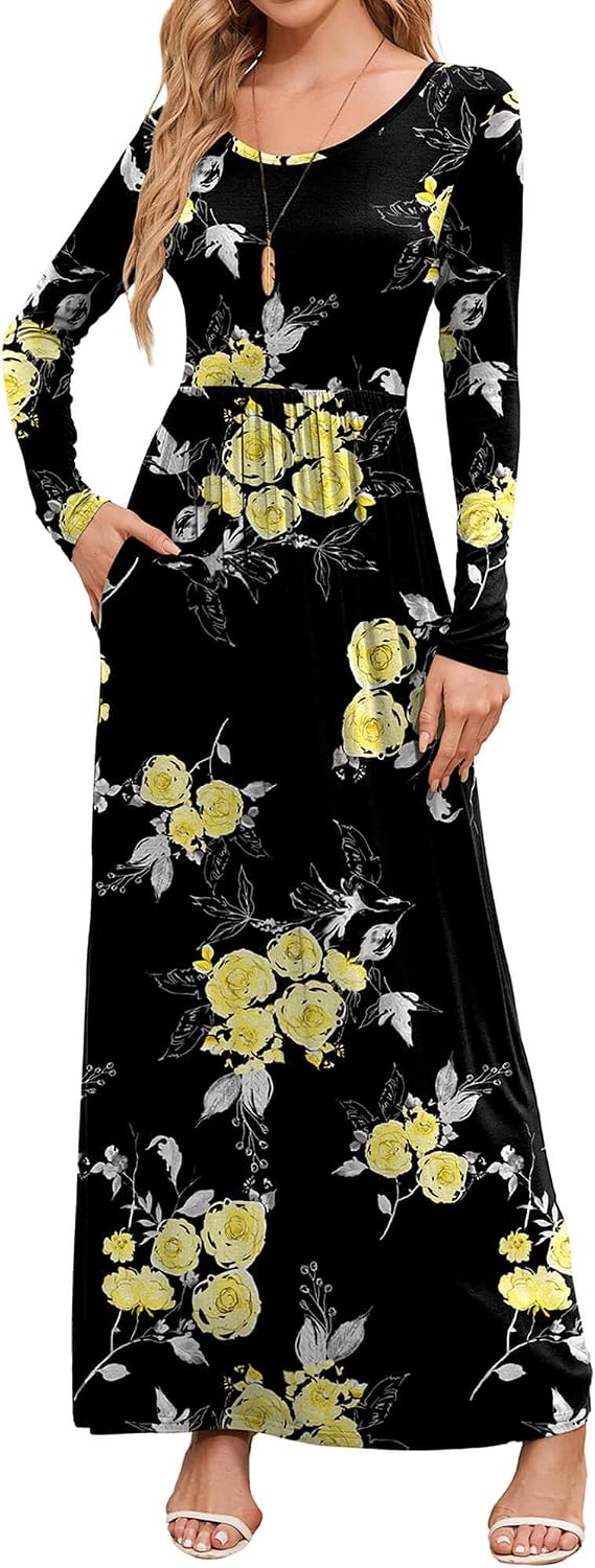 DEARCASE Women's Maxi Dress Long Sleeve Crewneck Empire Waist Long Dresses