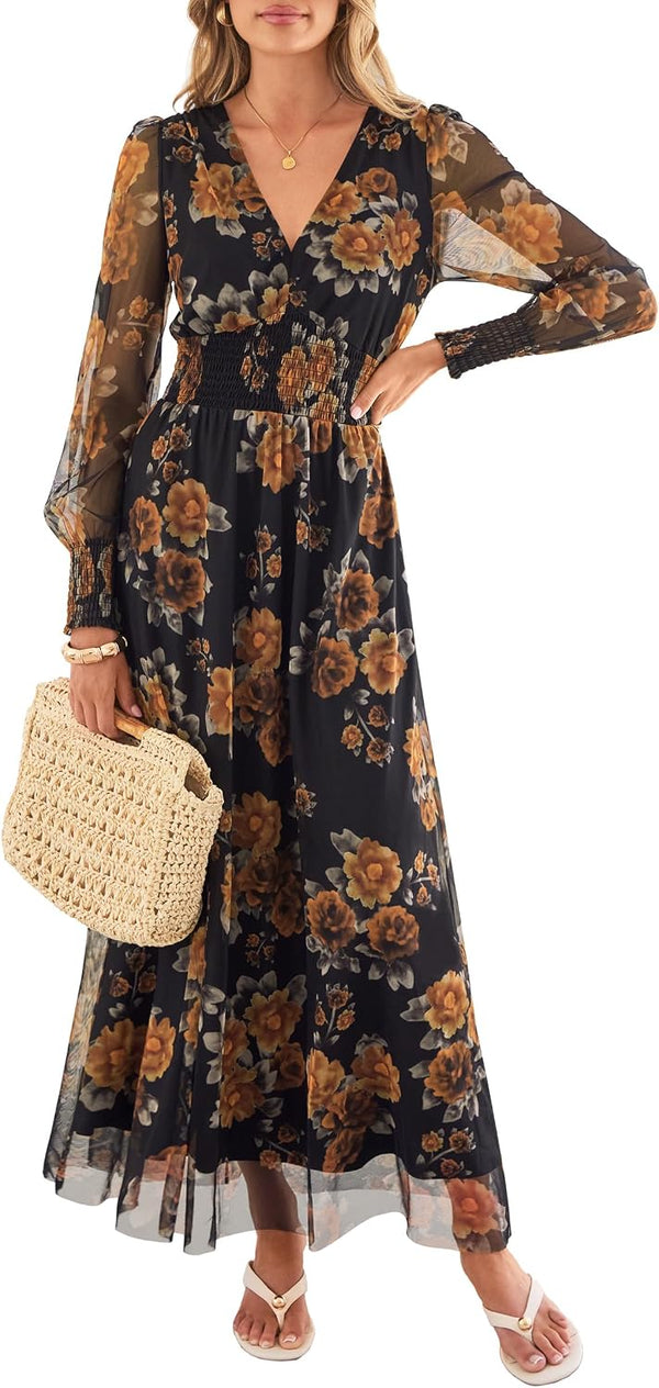 ANRABESS Women's Fall Wedding Guest Tulle Floral Long Sleeve Maxi Dress