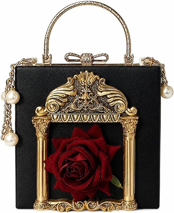 Floral Rose-Embossed Baroque Evening Clutch — Black & Gold with Pearl Chain