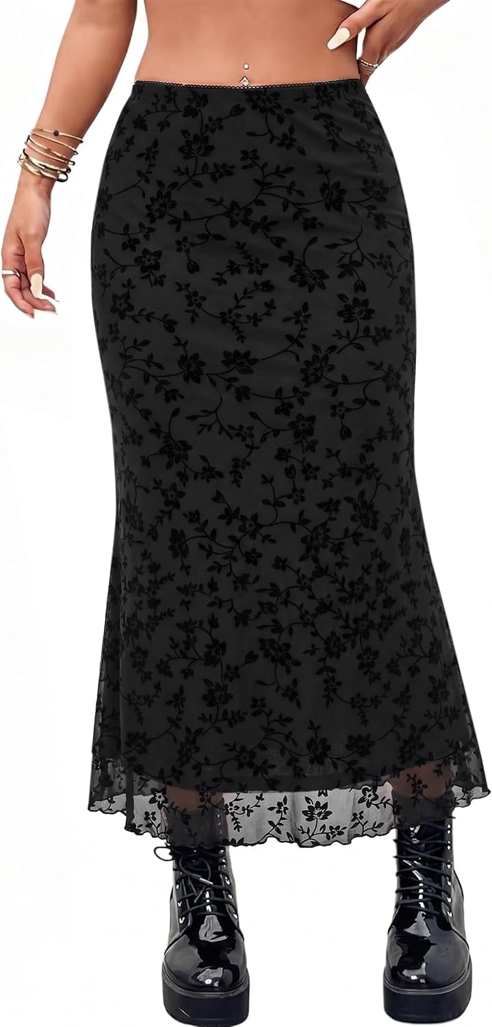 Avanova Women Boho Floral Mesh Long Skirts Elastic High Waisted Mermaid Hem 90s Grunge Maxi Skirt