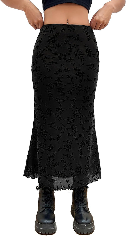 Verdusa Women's Fishtail Mesh Long Skirt 90s Y2k Outfits Goth Clothes