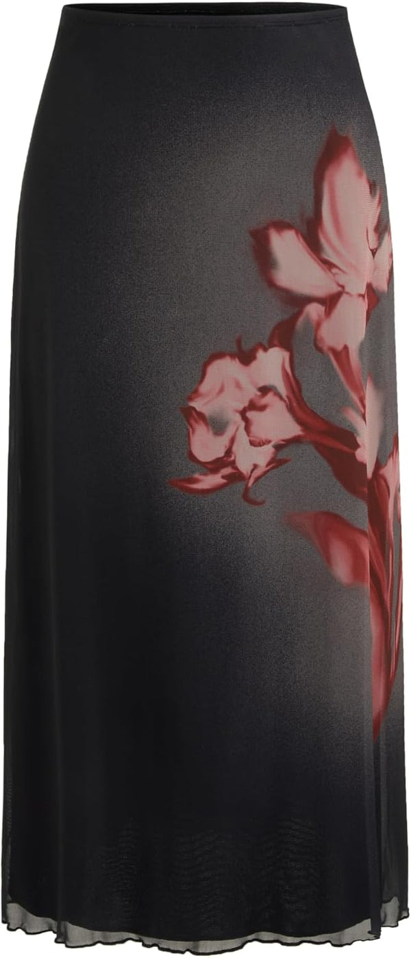 CIDER Women’s Mesh Floral Boho Long Midi Skirts