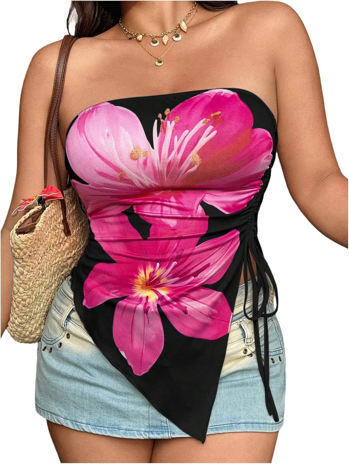SHENHE Women's Plus Print Ruched Asymmetrical Y2k Star Tube Top