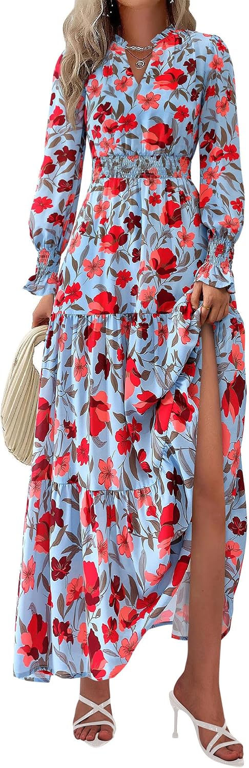 PRETTYGARDEN Women's Floral Maxi Dress Fall A Line Wedding Guest Dresses