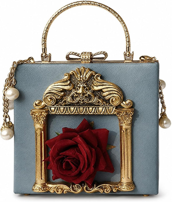 Floral Rose-Embossed Baroque Evening Clutch — Black & Gold with Pearl Chain