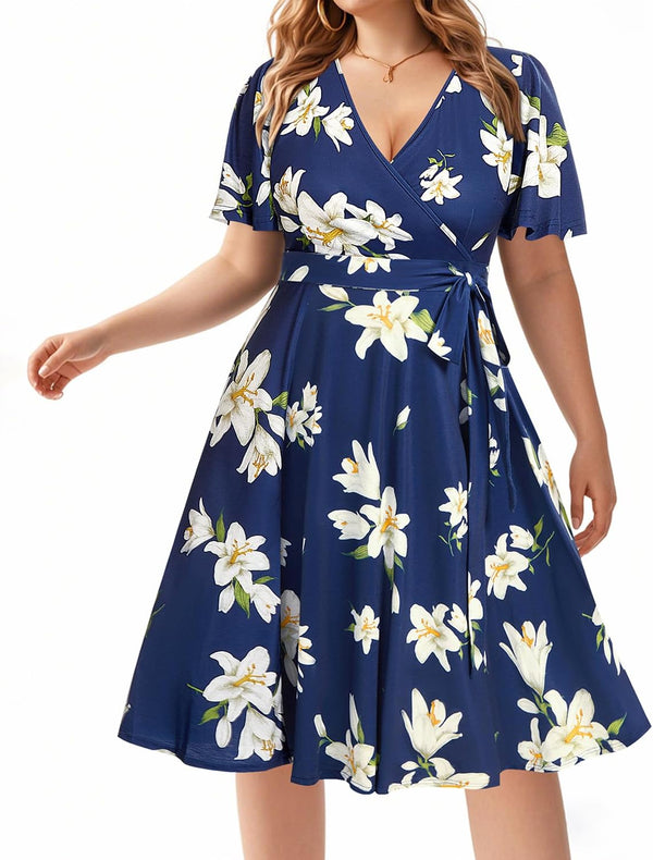 Pinup Fashion Plus Size Wedding Guest Semi Formal Cocktail Wrap Knee Dress | Knit, faux wrap v-neck, short ruffle sleeves, empire waist, removable belt, knee-length, wedding guest, semi formal, easter