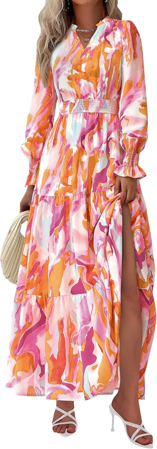 PRETTYGARDEN Women's Floral Maxi Dress Fall A Line Wedding Guest Dresses