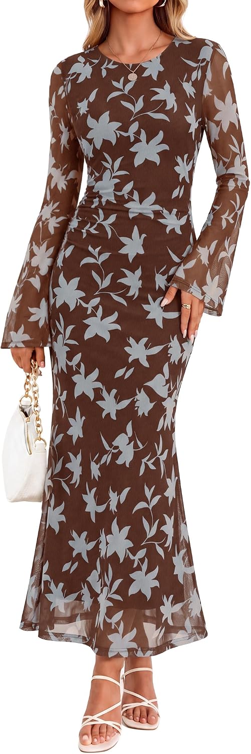 ZESICA Womens Long Sleeve Floral Fall Bodycon Ruched Mesh Maxi Formal Dress