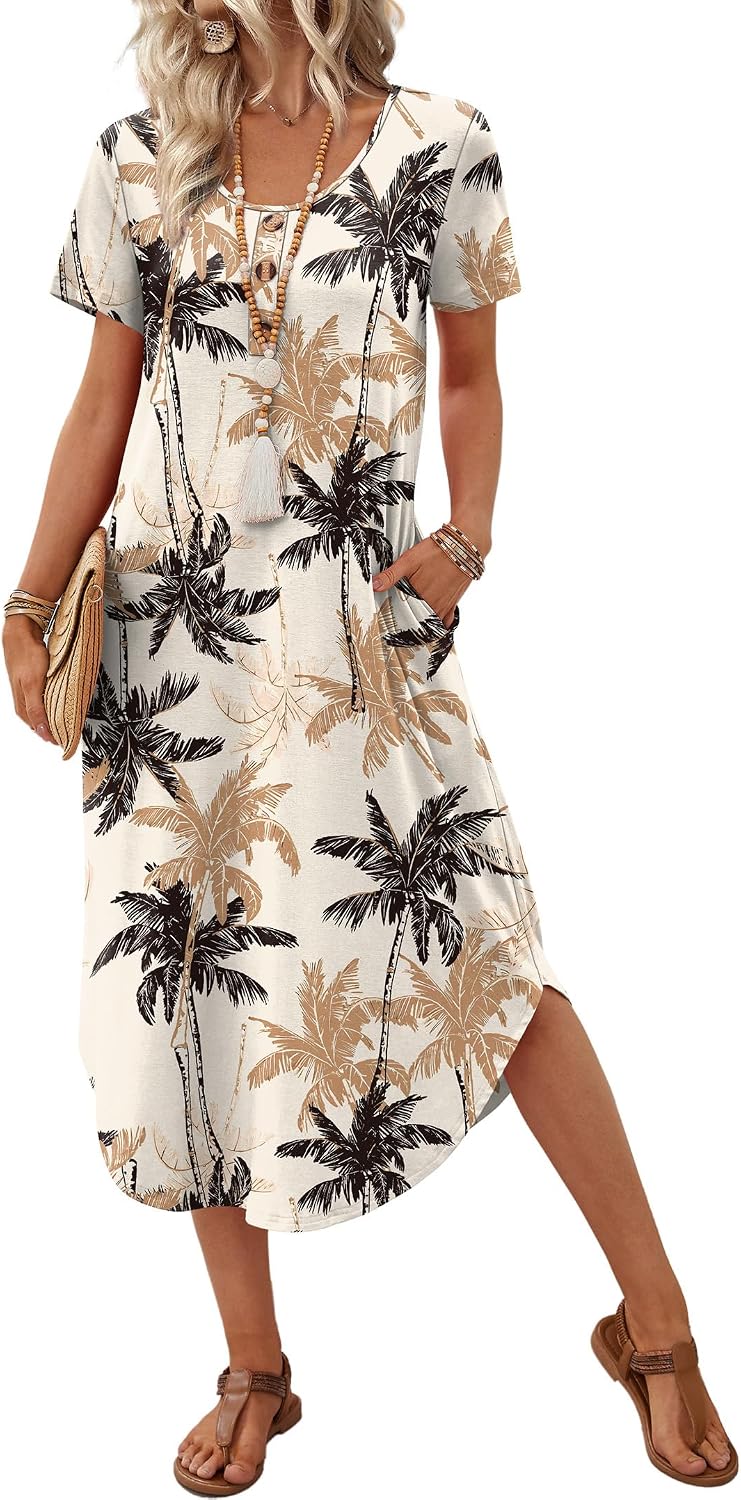 OFEEFAN Summer Dresses for Women 2026 Casual Midi Dresses Beach Vacation Outfits Tshirt Dress with Pockets Resort Wear