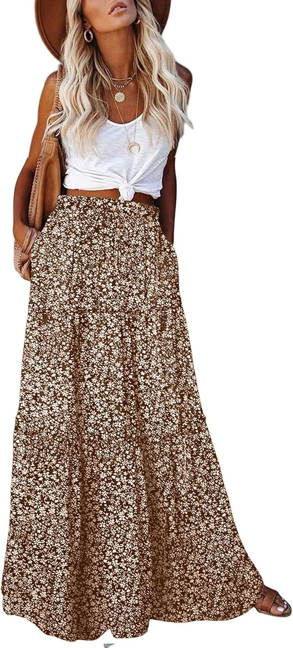 EARKOHA Womens Boho Maxi Skirt 2026 Summer Cruise Casual High Waist Tie Flowy Long Skirt with Pockets For Beach Vacation