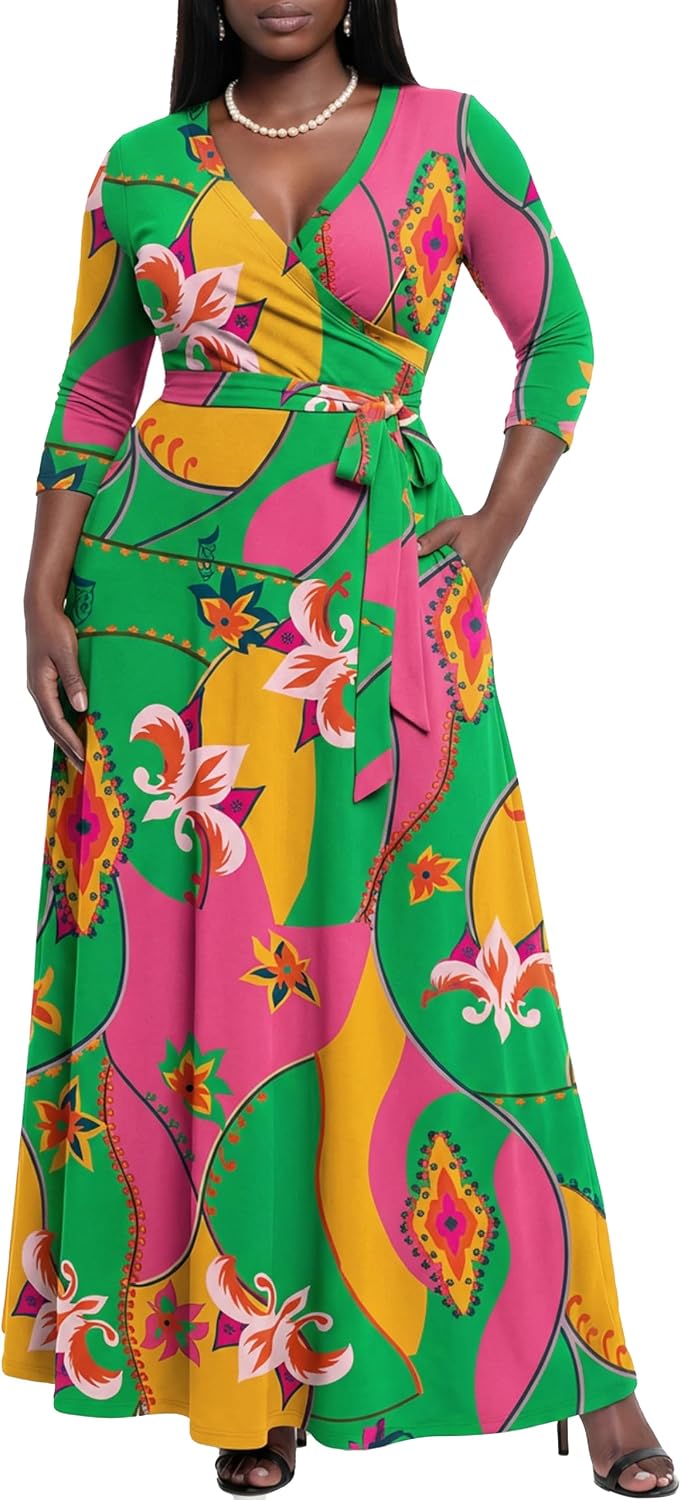 AOMONI Women's Maxi Dresses Summer Casual Wrap Tie Waist Long Dress