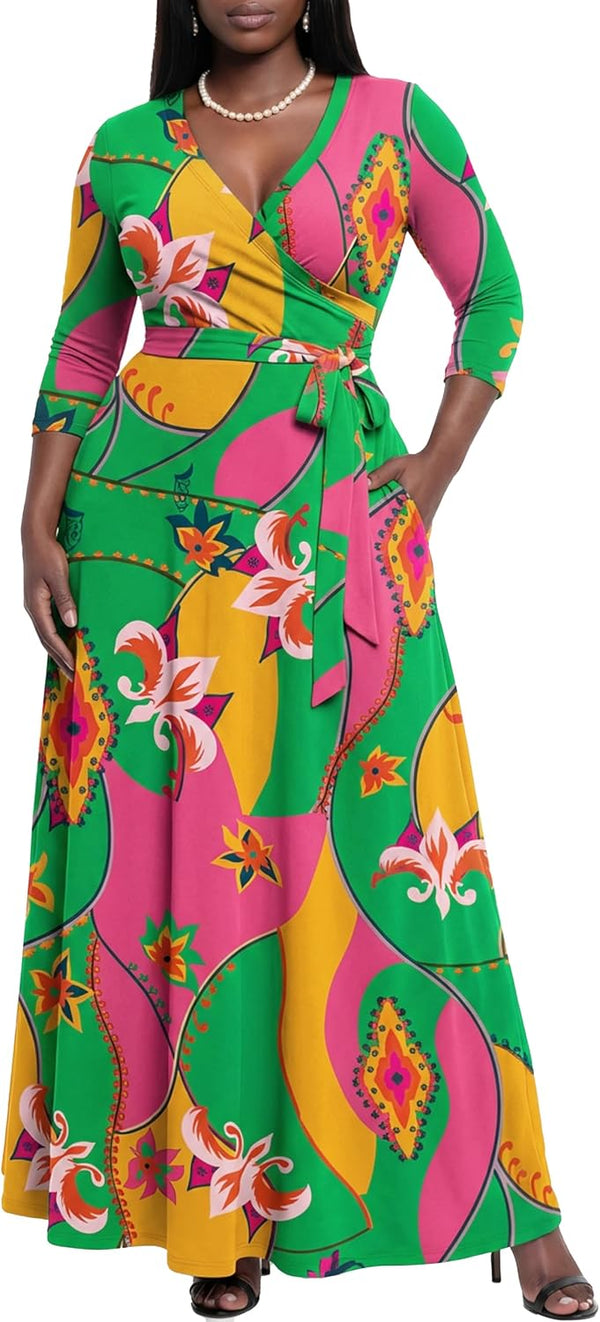 AOMONI Women's Maxi Dresses Summer Casual Wrap Tie Waist Long Dress