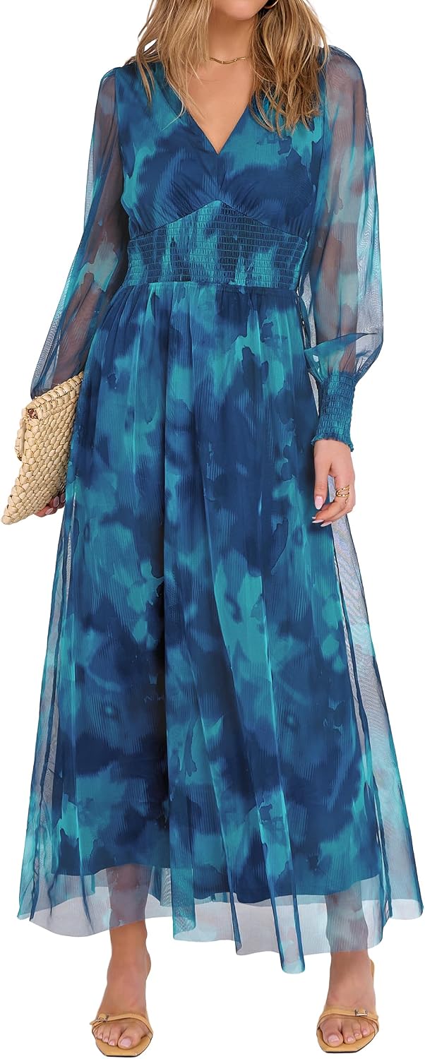 ANRABESS Women's Fall Wedding Guest Tulle Floral Long Sleeve Maxi Dress