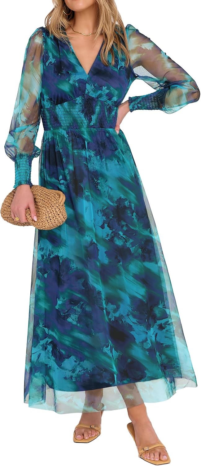 ANRABESS Women's Fall Wedding Guest Tulle Floral Long Sleeve Maxi Dress