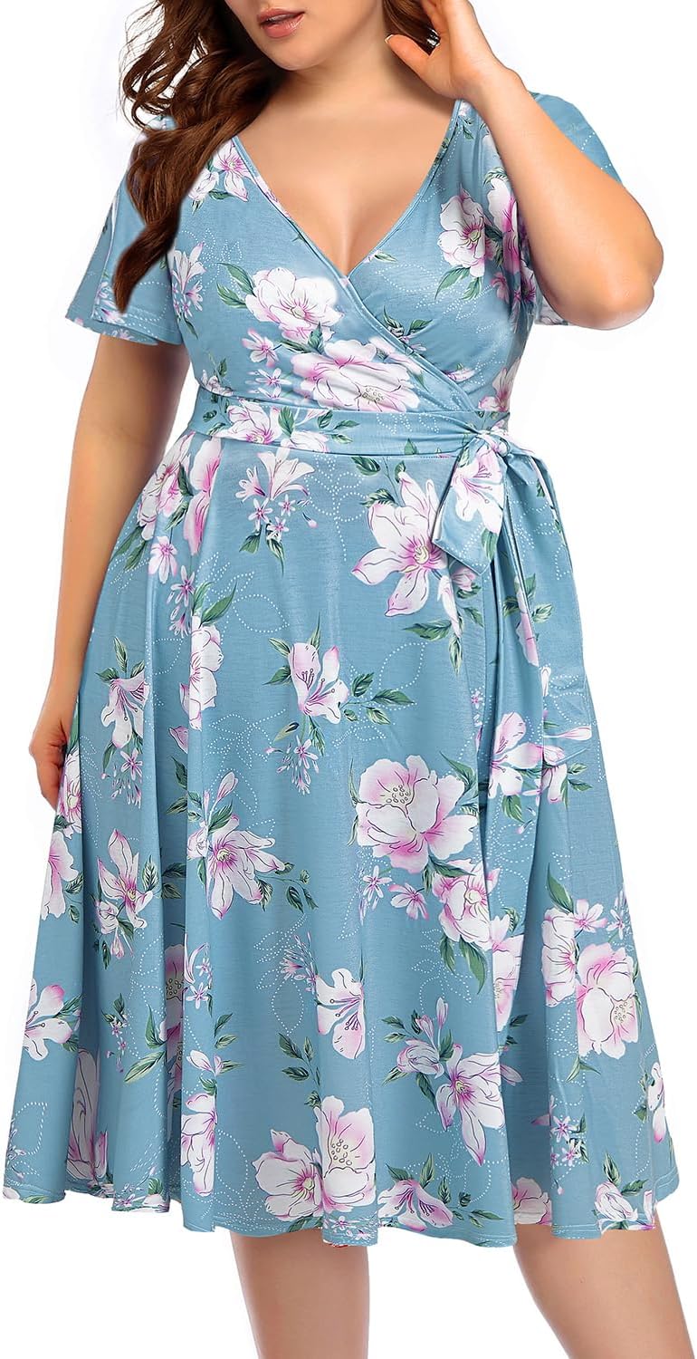 Pinup Fashion Plus Size Wedding Guest Semi Formal Cocktail Wrap Knee Dress | Knit, faux wrap v-neck, short ruffle sleeves, empire waist, removable belt, knee-length, wedding guest, semi formal, easter