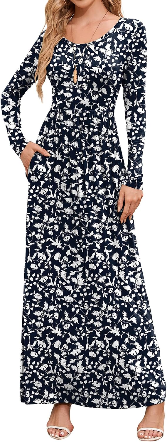 DEARCASE Women's Maxi Dress Long Sleeve Crewneck Empire Waist Long Dresses