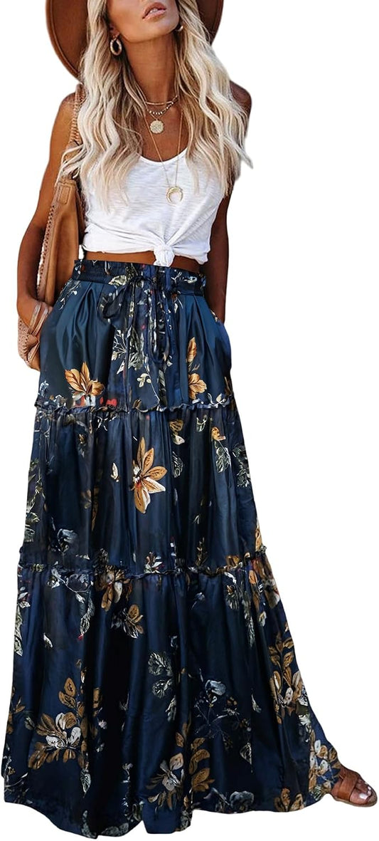 EARKOHA Womens Boho Maxi Skirt 2026 Summer Cruise Casual High Waist Tie Flowy Long Skirt with Pockets For Beach Vacation