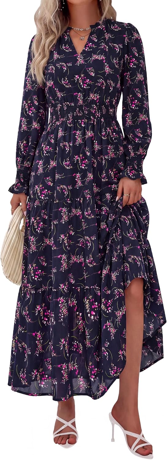 PRETTYGARDEN Women's Floral Maxi Dress Fall A Line Wedding Guest Dresses