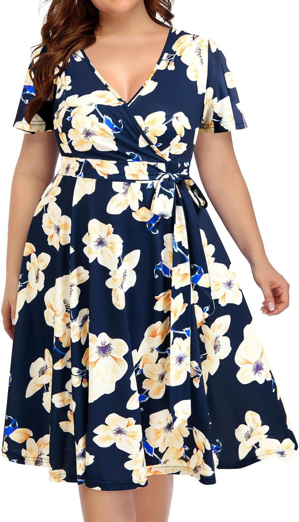 Pinup Fashion Plus Size Wedding Guest Semi Formal Cocktail Wrap Knee Dress | Knit, faux wrap v-neck, short ruffle sleeves, empire waist, removable belt, knee-length, wedding guest, semi formal, easter