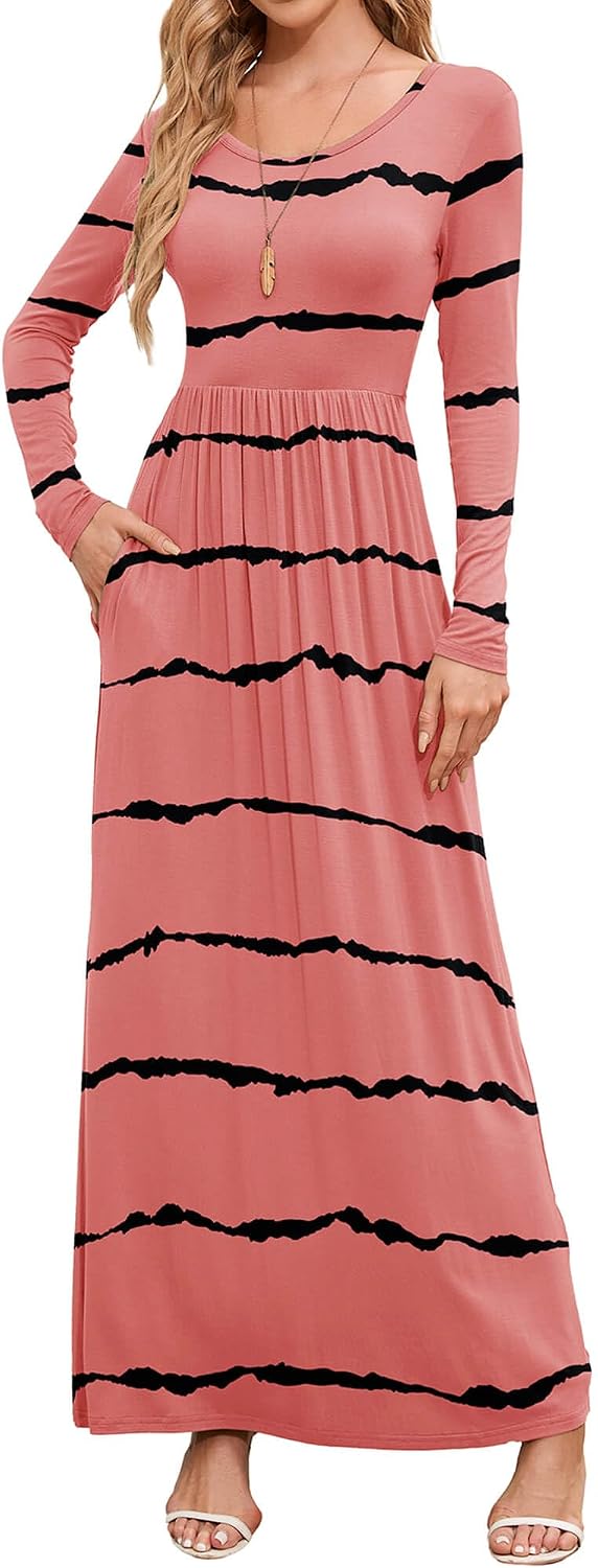 DEARCASE Women's Maxi Dress Long Sleeve Crewneck Empire Waist Long Dresses