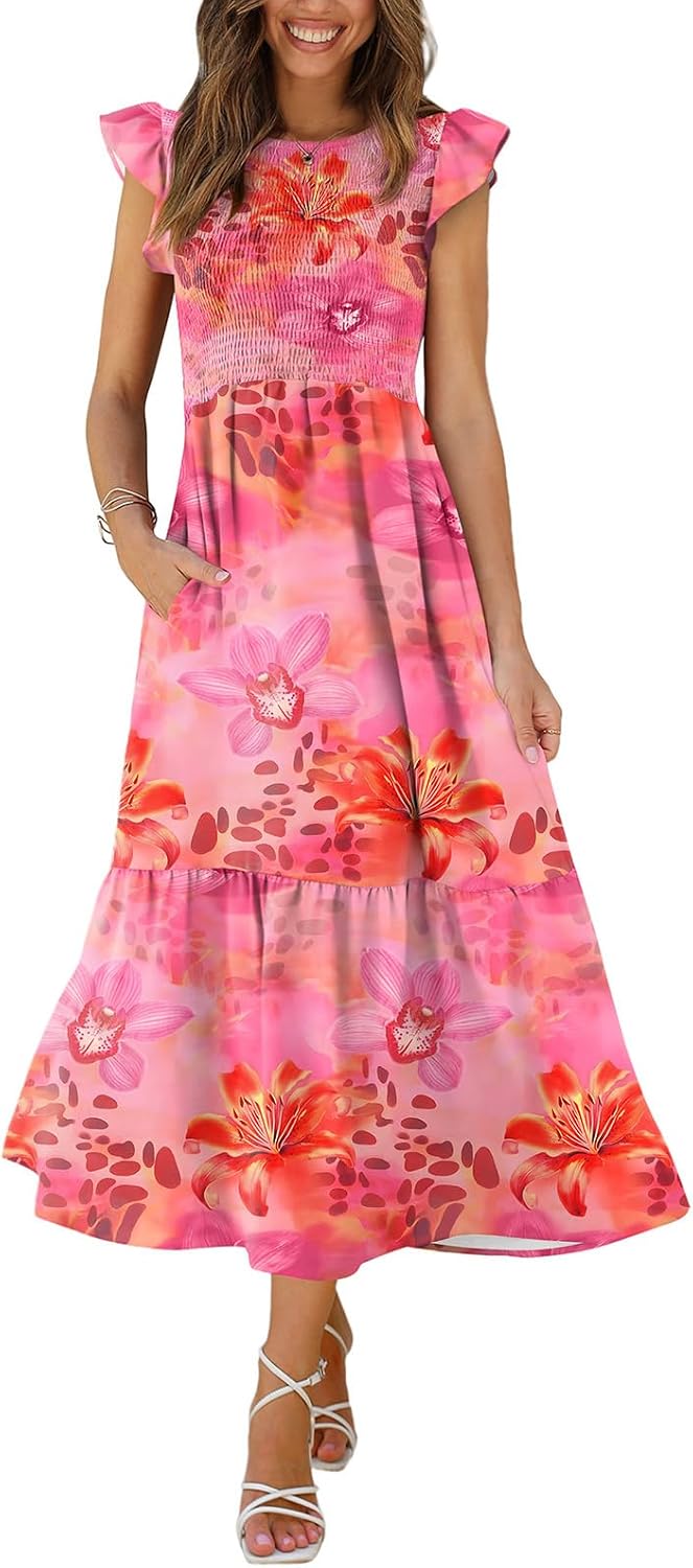 OFEEFAN Women's Casual Maxi Dresses with Pockets Ruffle Sleeve Smocked Dress XS-2XL
