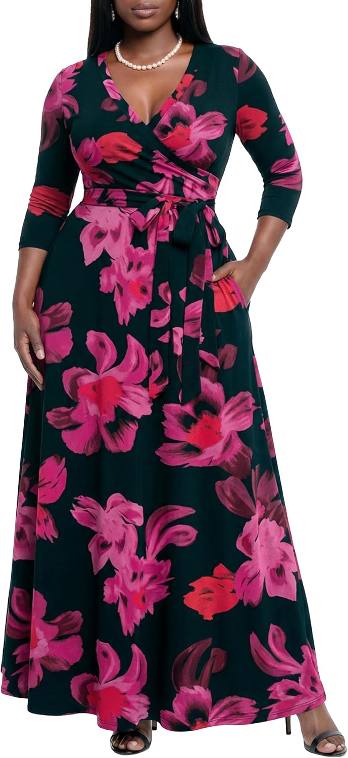 AOMONI Women's Maxi Dresses Summer Casual Wrap Tie Waist Long Dress