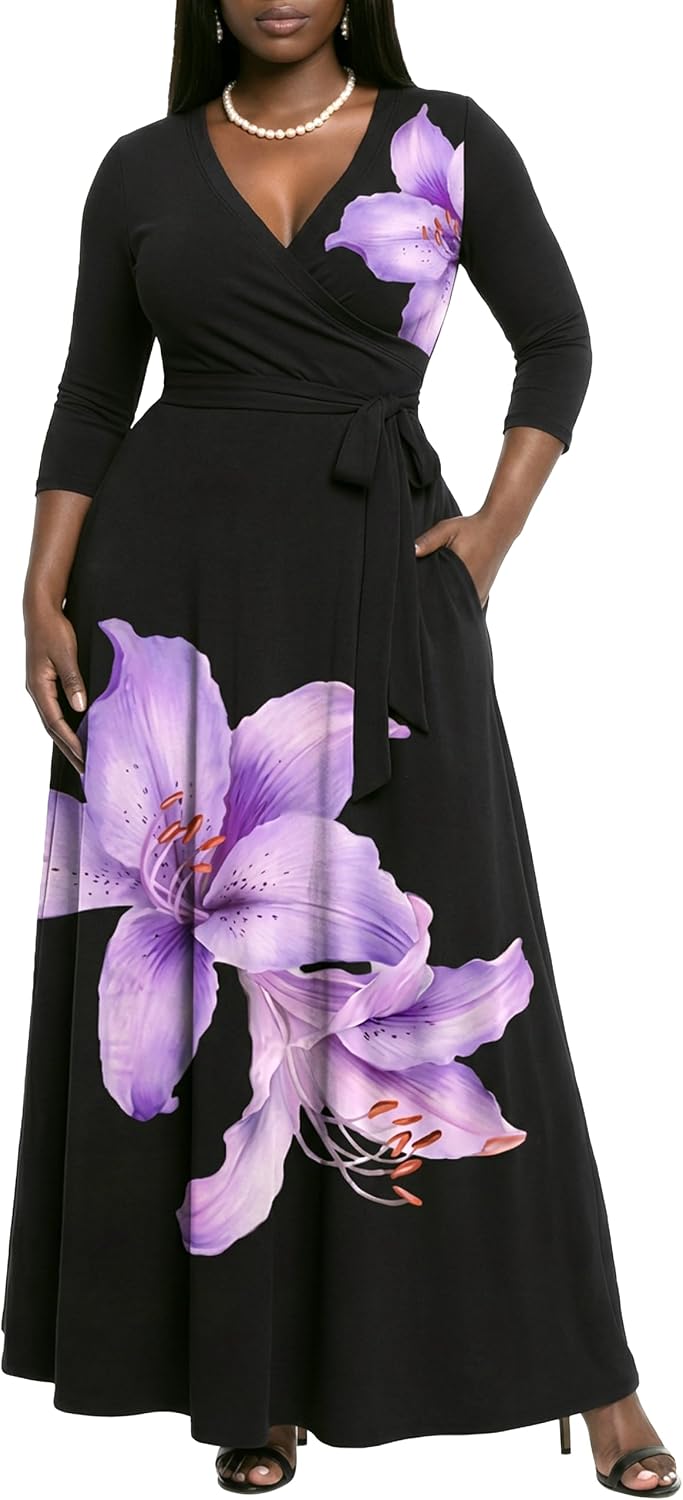 AOMONI Women's Maxi Dresses Summer Casual Wrap Tie Waist Long Dress