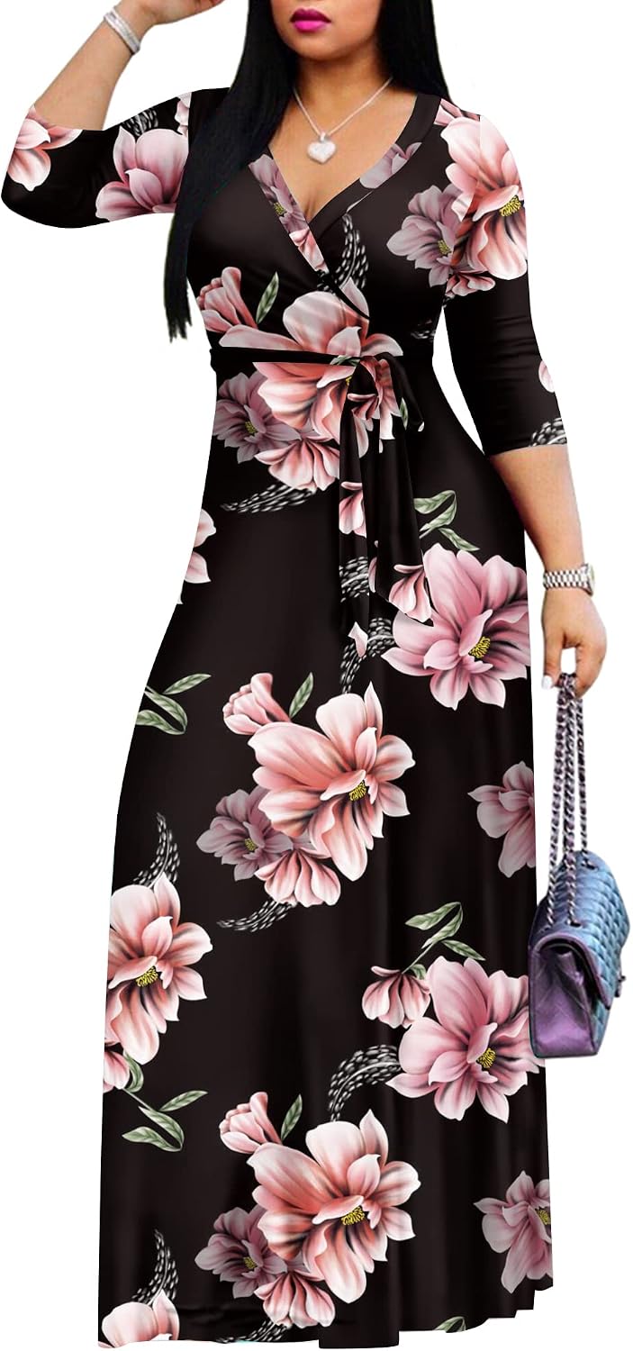 AOMONI Women's Maxi Dresses Summer Casual Wrap Tie Waist Long Dress