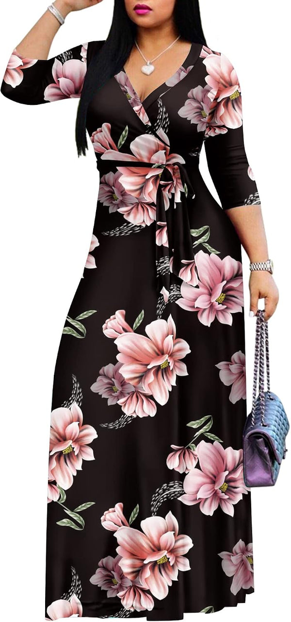 AOMONI Women's Maxi Dresses Summer Casual Wrap Tie Waist Long Dress