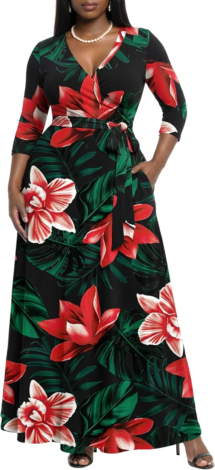 AOMONI Women's Maxi Dresses Summer Casual Wrap Tie Waist Long Dress