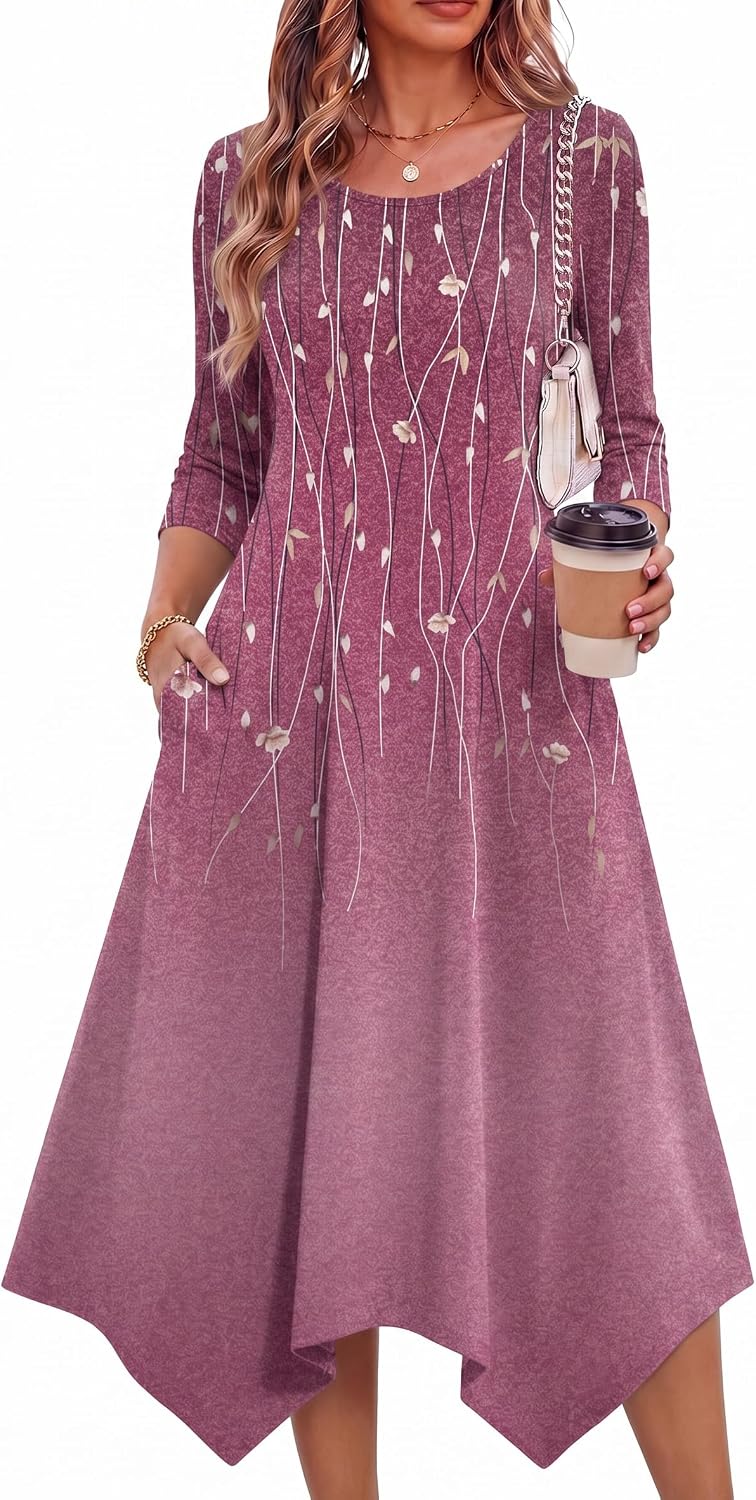 Zeagoo Midi Dresses Women 2026 Dress 3/4 Sleeve A Line Casual Dresses with Pockets