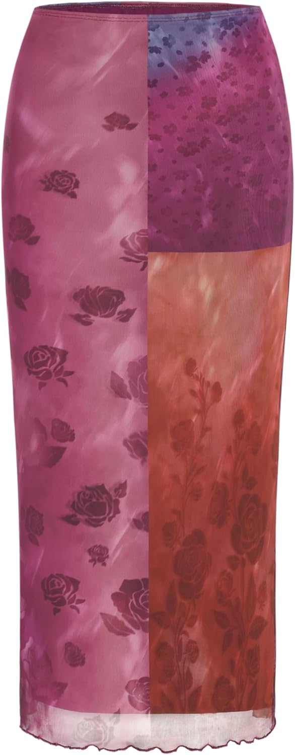 CIDER Women’s Mesh Floral Boho Long Midi Skirts