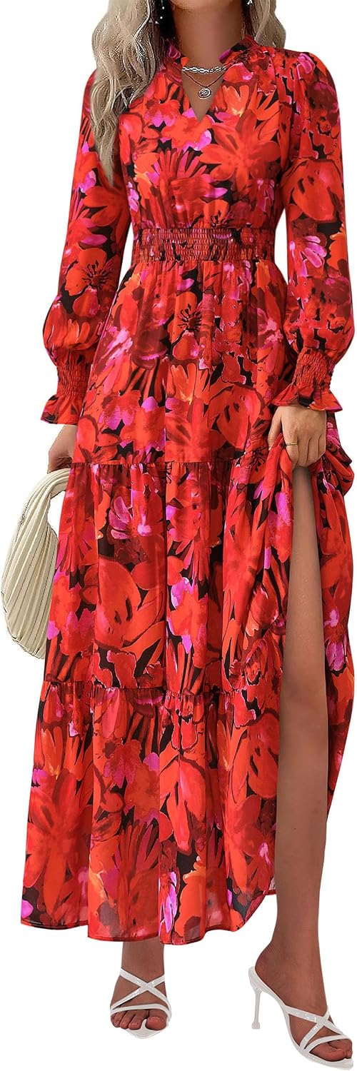 PRETTYGARDEN Women's Floral Maxi Dress Fall A Line Wedding Guest Dresses