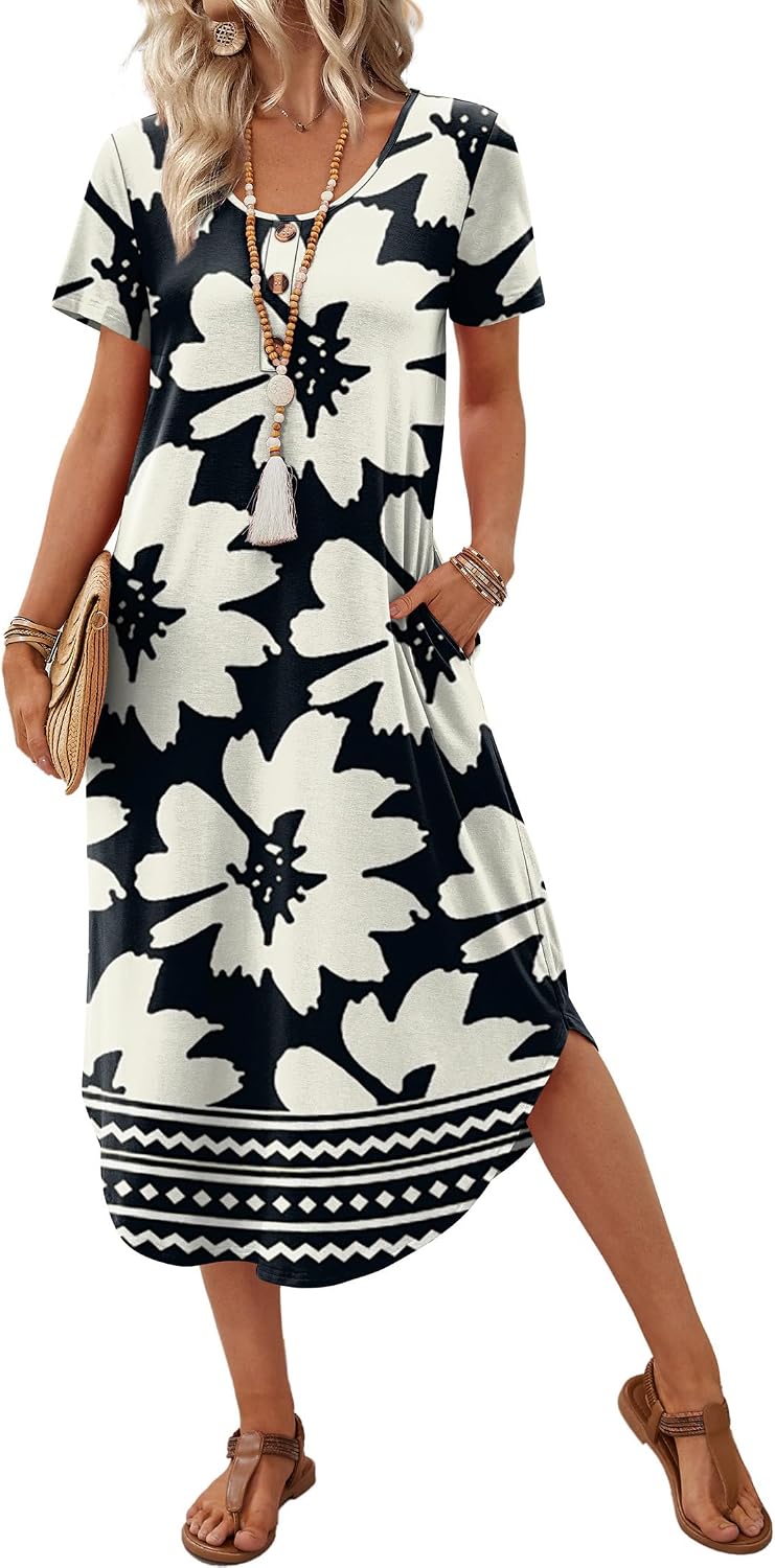 OFEEFAN Summer Dresses for Women 2026 Casual Midi Dresses Beach Vacation Outfits Tshirt Dress with Pockets Resort Wear
