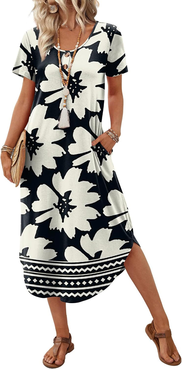 OFEEFAN Summer Dresses for Women 2026 Casual Midi Dresses Beach Vacation Outfits Tshirt Dress with Pockets Resort Wear