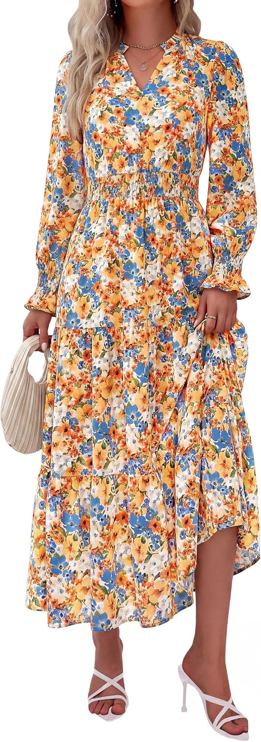 PRETTYGARDEN Women's Floral Maxi Dress Fall A Line Wedding Guest Dresses