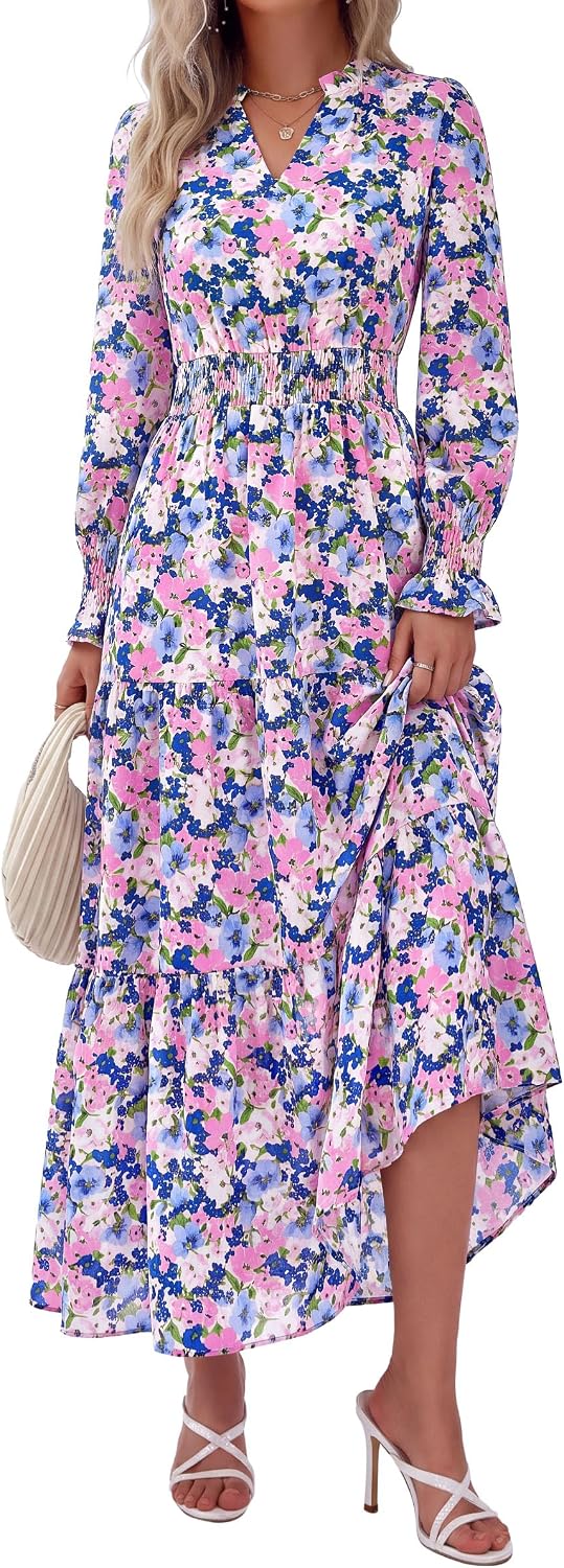 PRETTYGARDEN Women's Floral Maxi Dress Fall A Line Wedding Guest Dresses