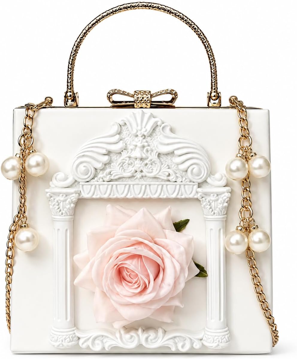Floral Rose-Embossed Baroque Evening Clutch — Black & Gold with Pearl Chain