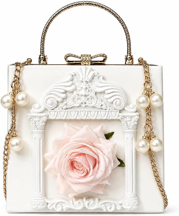 Floral Rose-Embossed Baroque Evening Clutch — Black & Gold with Pearl Chain