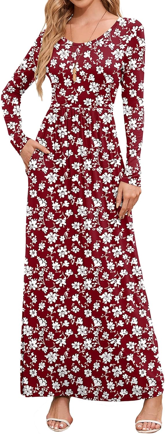 DEARCASE Women's Maxi Dress Long Sleeve Crewneck Empire Waist Long Dresses