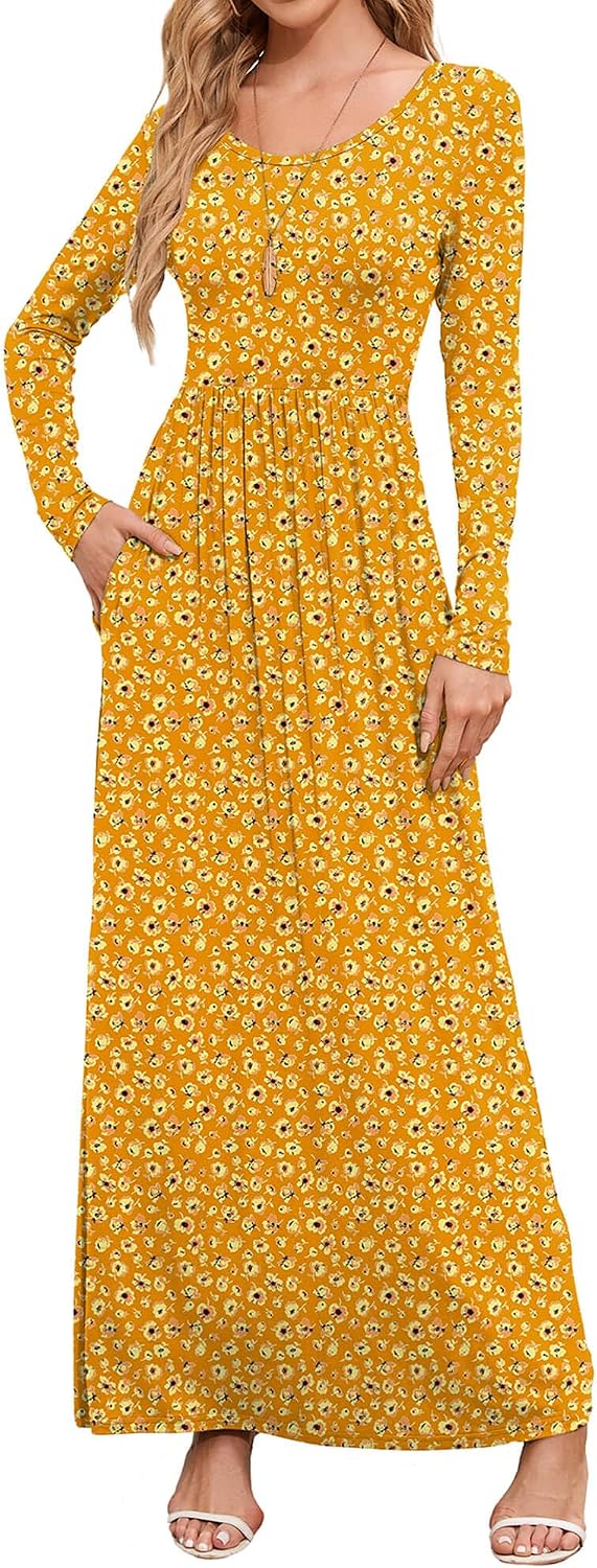 DEARCASE Women's Maxi Dress Long Sleeve Crewneck Empire Waist Long Dresses