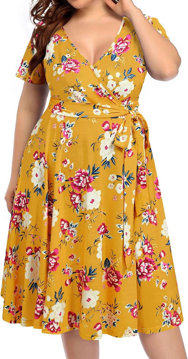 Pinup Fashion Plus Size Wedding Guest Semi Formal Cocktail Wrap Knee Dress | Knit, faux wrap v-neck, short ruffle sleeves, empire waist, removable belt, knee-length, wedding guest, semi formal, easter