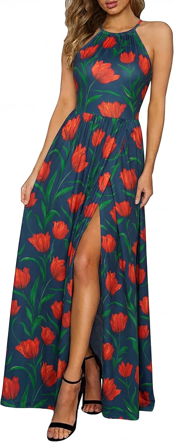 KILIG Women's Summer Floral Beach Flowy Split Maxi Long Dresses