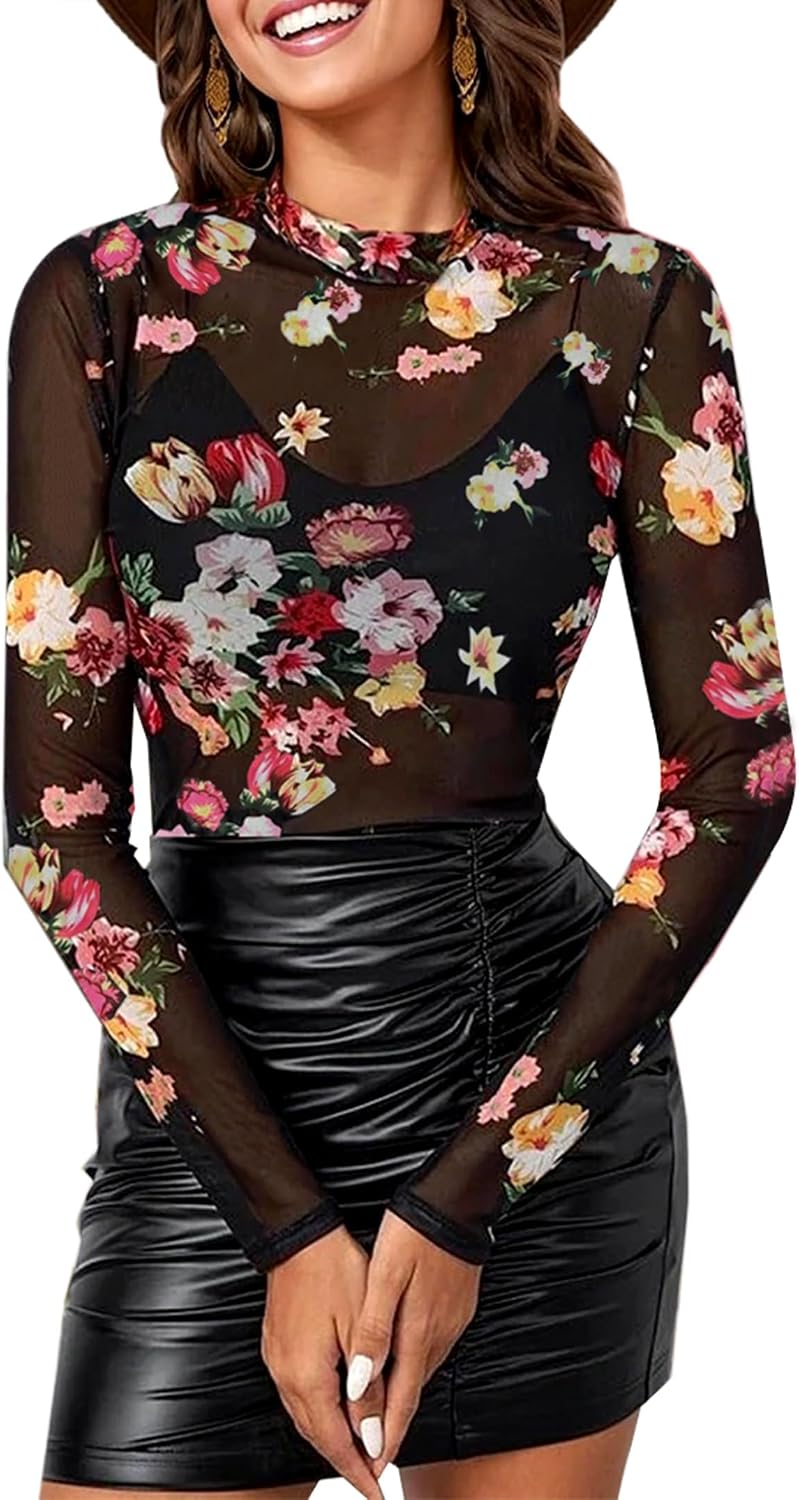 Womens Mesh Long Sleeve Tops Mock Neck Sexy Sheer See Through Tee Shirts Party Club Night Lace Blouse
