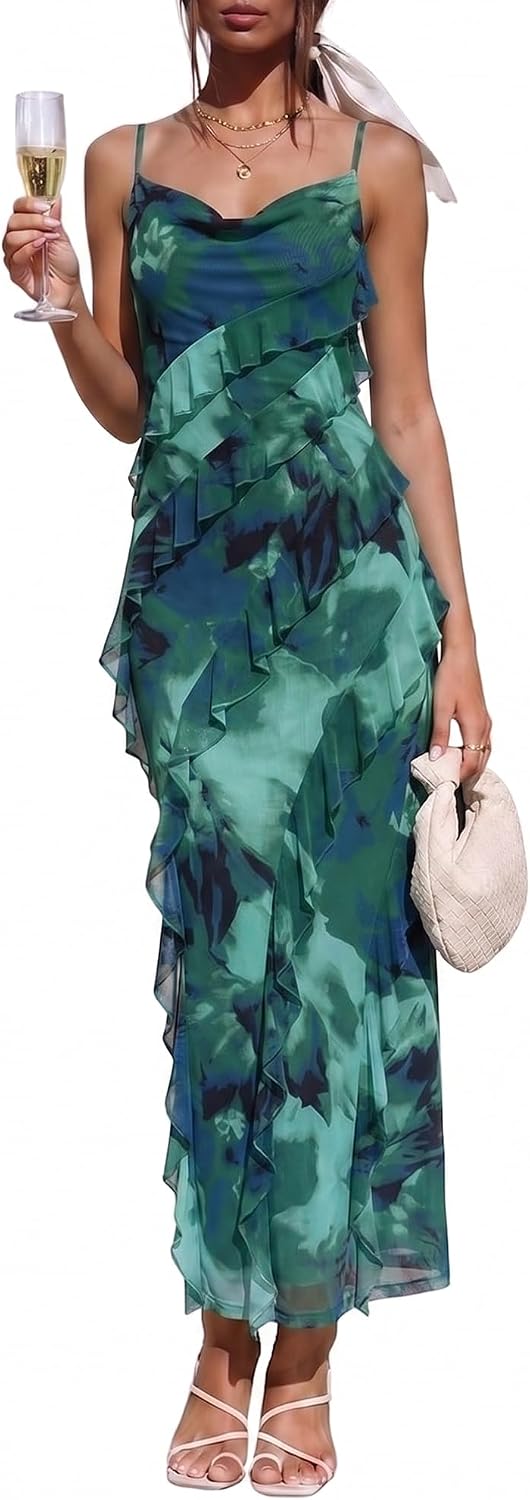 Wedding Guest Dress for Women Ruffle Spaghetti Strap Formal Dresses