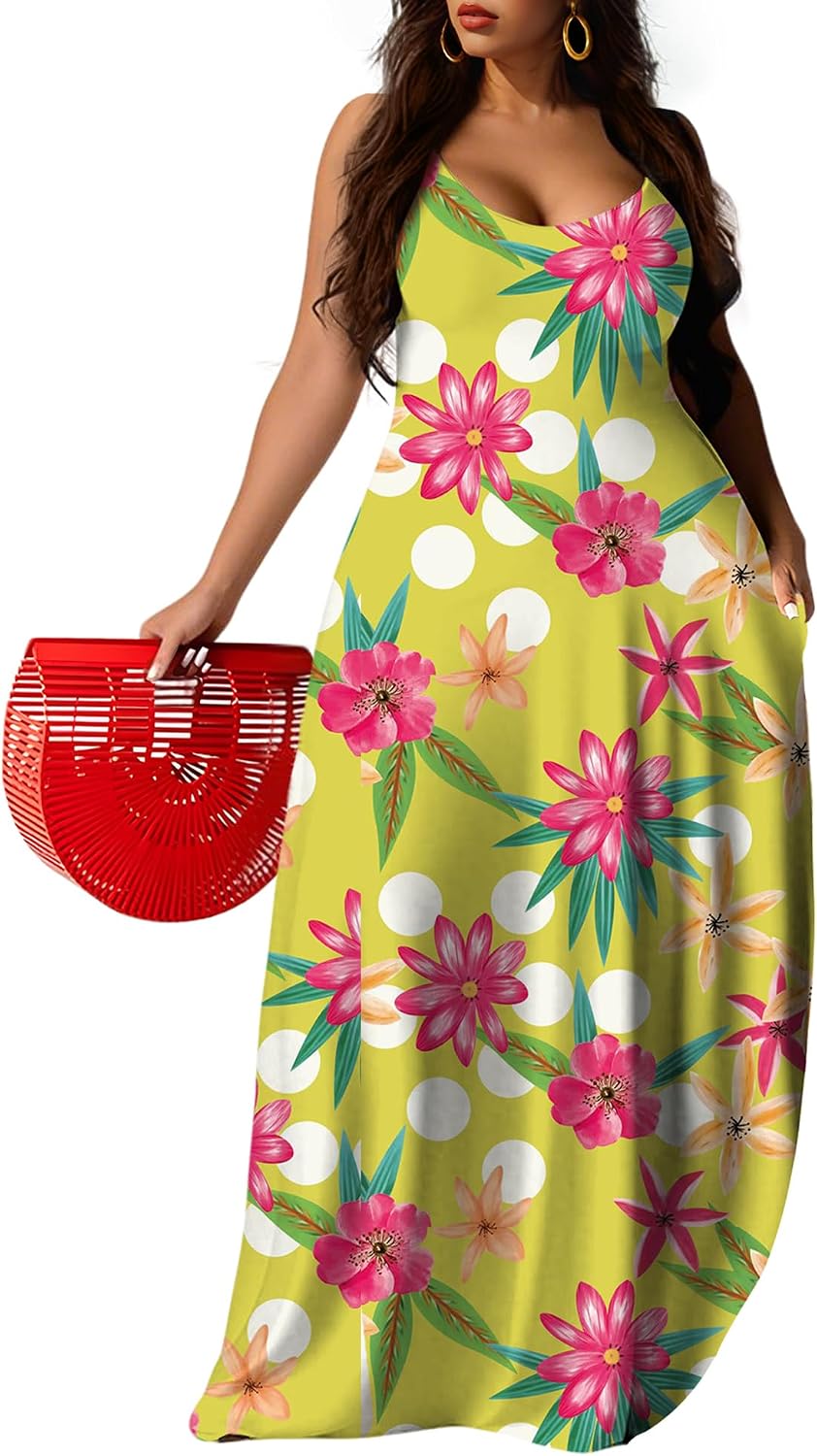 UOUA Hawaiian Dresses Women Plus Size Luau Party Sundress Summer Maxi Tropical Boho Beach Dress