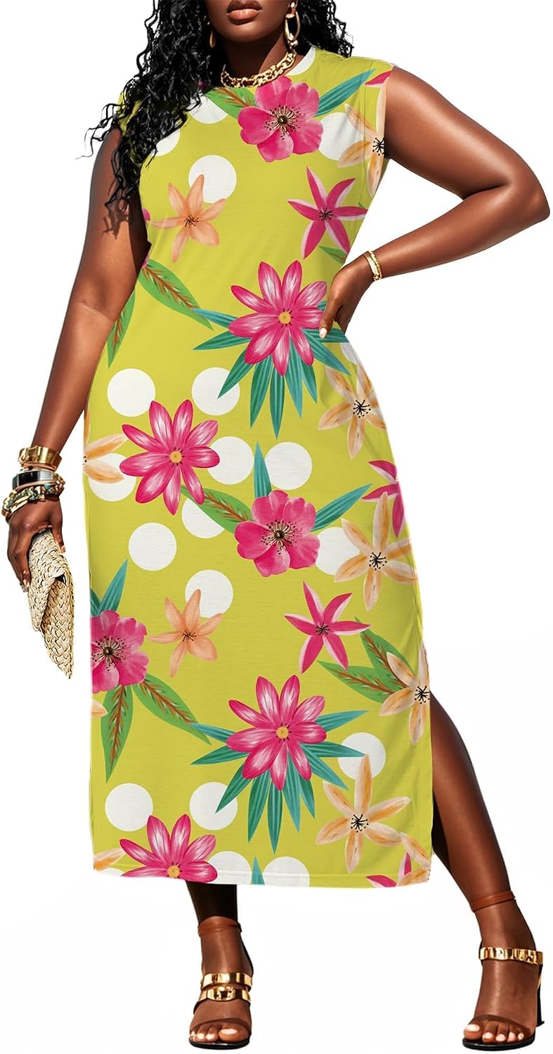 UOUA Women Summer Maxi Dresses Plus Size Casual Hawaiian Sundress Sleeveless Loose Split Beach Dress with Pockets